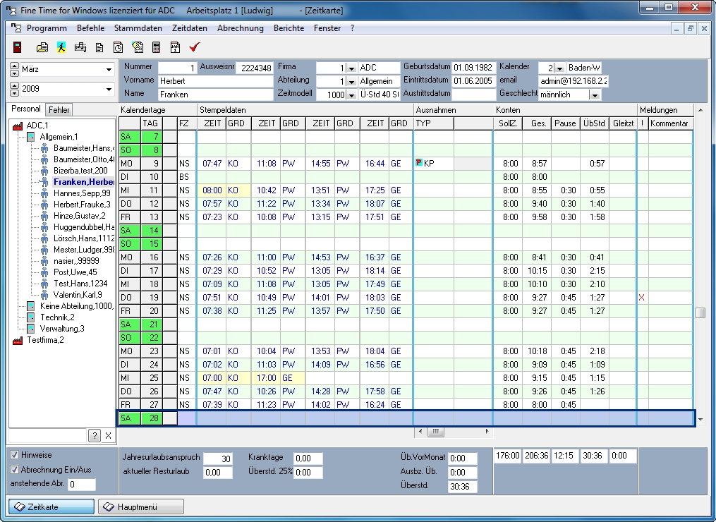 2- Zeiterfassung Mittelstand - FineTime Zeitkarte - PC